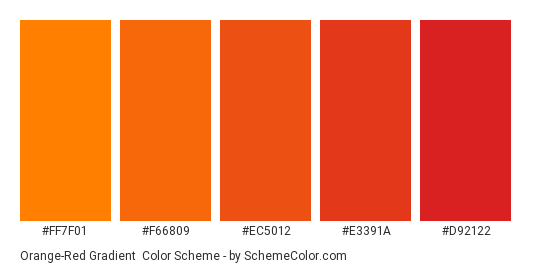 Orange-Red Gradient - Color scheme palette thumbnail - #FF7F01 #F66809 #EC5012 #E3391A #D92122 