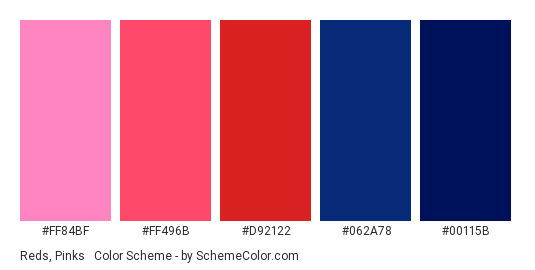 Reds, Pinks & Blues - Color scheme palette thumbnail - #FF84BF #FF496B #D92122 #062A78 #00115b 