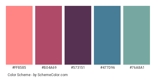 Succulent plant - Color scheme palette thumbnail - #FF8585 #B04A69 #573151 #477D96 #76A8A1 