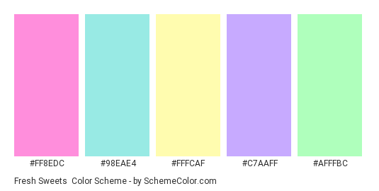 Fresh Sweets - Color scheme palette thumbnail - #FF8EDC #98EAE4 #FFFCAF #C7AAFF #AFFFBC 