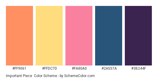 Important Piece - Color scheme palette thumbnail - #FF9061 #FFDC7D #FA80A0 #2A557A #3B244F 
