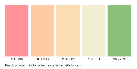 Peach Blossom - Color scheme palette thumbnail - #FF949B #FFCBA4 #FADEB2 #F0EDD1 #8BBF7C 