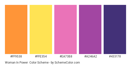 Woman in Power - Color scheme palette thumbnail - #FF9538 #FFE354 #EA73B8 #A246A2 #433178 