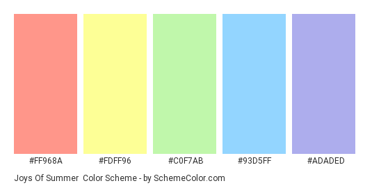 Joys of Summer - Color scheme palette thumbnail - #FF968A #FDFF96 #C0F7AB #93D5FF #ADADED 