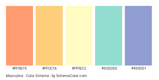 Masculine & Soft? - Color scheme palette thumbnail - #FF9B70 #FFCE7A #FFFBC2 #92DDD0 #909DD1 