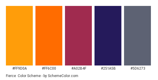 Fierce - Color scheme palette thumbnail - #FF9D0A #FF6C00 #A02B4F #251a5b #5d6273 