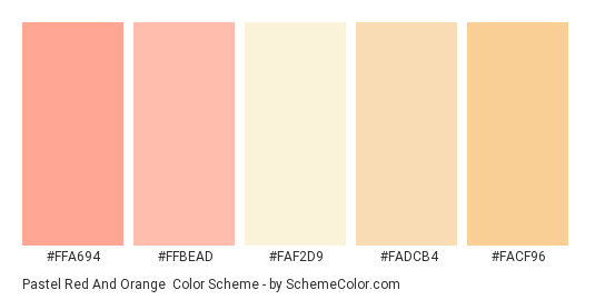 Pastel Red and Orange - Color scheme palette thumbnail - #FFA694 #FFBEAD #FAF2D9 #FADCB4 #FACF96 