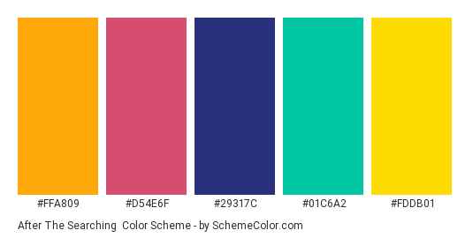 After the Searching - Color scheme palette thumbnail - #FFA809 #D54E6F #29317C #01C6A2 #FDDB01 