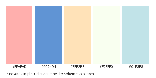 Pure and Simple - Color scheme palette thumbnail - #FFAFAD #6094D4 #FFE2B8 #F9FFF0 #C1E3E8 