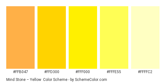 Mind Stone – Yellow - Color scheme palette thumbnail - #FFB047 #FFD300 #FFF000 #FFFE55 #FFFFC2 
