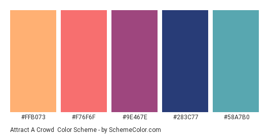 Attract a Crowd - Color scheme palette thumbnail - #FFB073 #F76F6F #9E467E #283C77 #58A7B0 