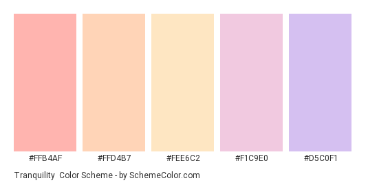Tranquility - Color scheme palette thumbnail - #FFB4AF #FFD4B7 #FEE6C2 #F1C9E0 #D5C0F1 