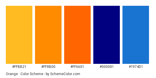 Orange & Classic Navy - Color scheme palette thumbnail - #FFBB21 #FF8B00 #FF6601 #000081 #1974D1 