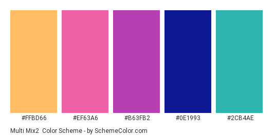 Multi Mix2 - Color scheme palette thumbnail - #FFBD66 #EF63A6 #B63FB2 #0E1993 #2CB4AE 