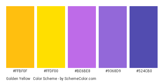 Golden Yellow & Purple - Color scheme palette thumbnail - #FFBF0F #FFDF00 #BE6BE8 #9368D9 #524CB0 
