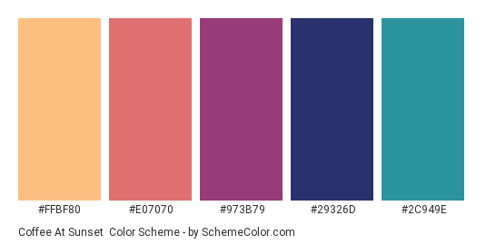 Coffee at Sunset - Color scheme palette thumbnail - #FFBF80 #E07070 #973B79 #29326D #2C949E 