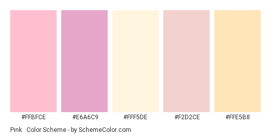 Pink & Cream for Girls - Color scheme palette thumbnail - #FFBFCE #E6A6C9 #FFF5DE #F2D2CE #FFE5B8 