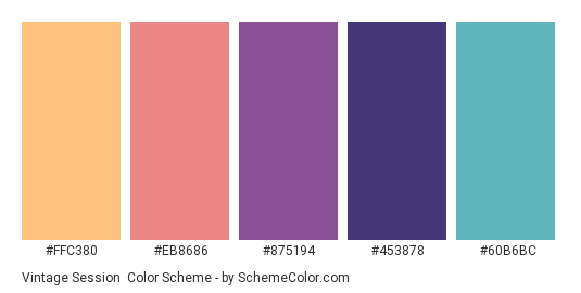 Vintage Session - Color scheme palette thumbnail - #FFC380 #EB8686 #875194 #453878 #60B6BC 