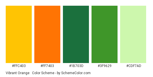 Vibrant Orange & Green - Color scheme palette thumbnail - #FFC403 #FF7403 #1B703D #3F9629 #CDF7AD 