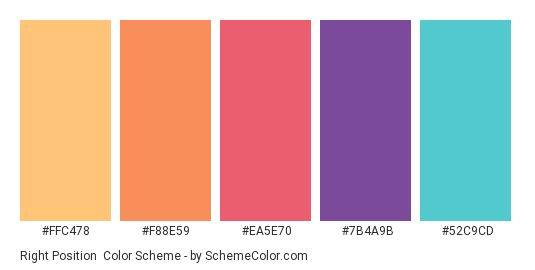 Right Position - Color scheme palette thumbnail - #FFC478 #F88E59 #EA5E70 #7B4A9B #52C9CD 