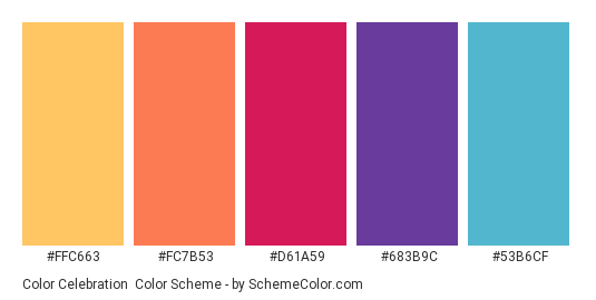 Color Celebration - Color scheme palette thumbnail - #FFC663 #FC7B53 #D61A59 #683B9C #53B6CF 