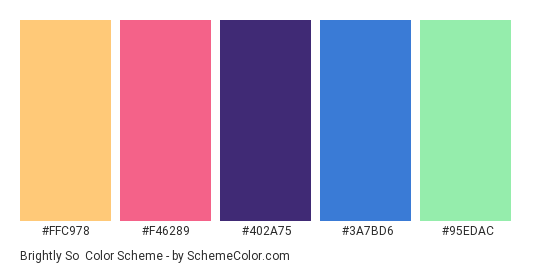Brightly So - Color scheme palette thumbnail - #FFC978 #F46289 #402A75 #3A7BD6 #95EDAC 