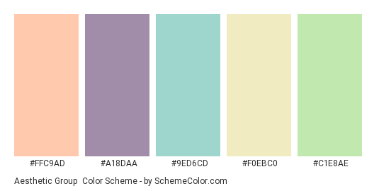 Aesthetic Group - Color scheme palette thumbnail - #FFC9AD #A18DAA #9ED6CD #F0EBC0 #C1E8AE 