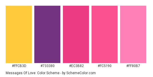 Messages of Love - Color scheme palette thumbnail - #FFCB3D #733380 #EC3B82 #FC5190 #FF80B7 