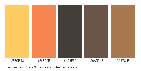 German fest - Color scheme palette thumbnail - #FFCB63 #F6854F #453F3A #6A5548 #A8784F 