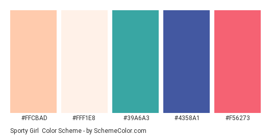 Sporty Girl - Color scheme palette thumbnail - #FFCBAD #FFF1E8 #39A6A3 #4358A1 #F56273 