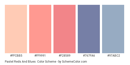 Pastel Reds and Blues - Color scheme palette thumbnail - #FFCBB5 #FF9991 #F28589 #767FA6 #97ABC2 
