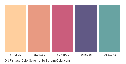 Old Fantasy - Color scheme palette thumbnail - #FFCF9E #E89A82 #CA5D7C #615985 #68A3A2 