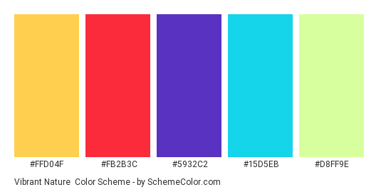 Vibrant Nature - Color scheme palette thumbnail - #FFD04F #FB2B3C #5932C2 #15D5EB #D8FF9E 