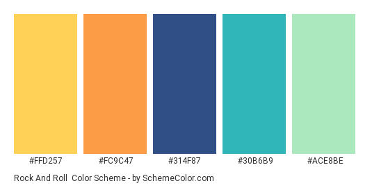 Rock and Roll - Color scheme palette thumbnail - #FFD257 #FC9C47 #314F87 #30B6B9 #ACE8BE 