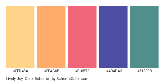 Lively Joy - Color scheme palette thumbnail - #FFD48A #FFAB6B #F16578 #4D4DA3 #518F8D 