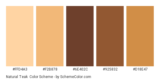Natural Teak - Color scheme palette thumbnail - #FFD4A3 #F2B878 #6E402C #925832 #D18E47 