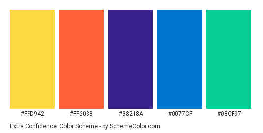Extra Confidence - Color scheme palette thumbnail - #FFD942 #FF6038 #38218A #0077CF #08CF97 
