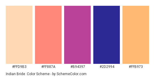 Indian Bride - Color scheme palette thumbnail - #FFD9B3 #FF887A #B94397 #2D2994 #FFB973 