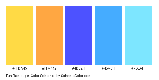 Fun Rampage - Color scheme palette thumbnail - #FFDA45 #FFA742 #4D52FF #45ACFF #7DE6FF 