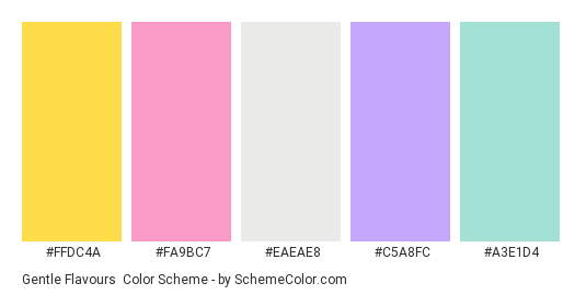 Gentle Flavours - Color scheme palette thumbnail - #FFDC4A #FA9BC7 #EAEAE8 #C5A8FC #A3E1D4 