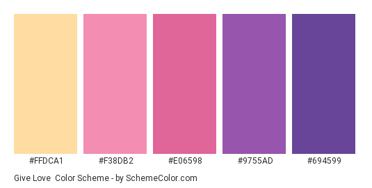 Give Love - Color scheme palette thumbnail - #FFDCA1 #F38DB2 #E06598 #9755AD #694599 