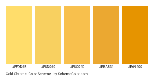 Gold Chrome - Color scheme palette thumbnail - #FFDD6B #F8D060 #F8C04D #EBA831 #E69400 