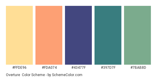 Overture - Color scheme palette thumbnail - #FFDE96 #FDA074 #43477F #397D7F #7BAB8D 