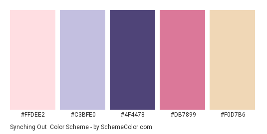 Synching Out - Color scheme palette thumbnail - #FFDEE2 #C3BFE0 #4F4478 #DB7899 #F0D7B6 