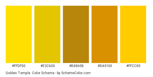 Golden Temple - Color scheme palette thumbnail - #FFDF00 #E3C600 #B8860B #DA9100 #FFCC00 