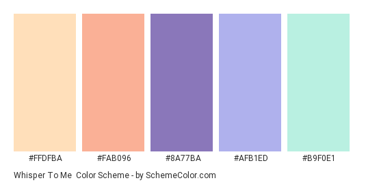 Whisper to Me - Color scheme palette thumbnail - #FFDFBA #FAB096 #8A77BA #AFB1ED #B9F0E1 