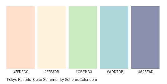Tokyo Pastels - Color scheme palette thumbnail - #FFDFCC #FFF3DB #CBEBC3 #ADD7DB #898FAD 