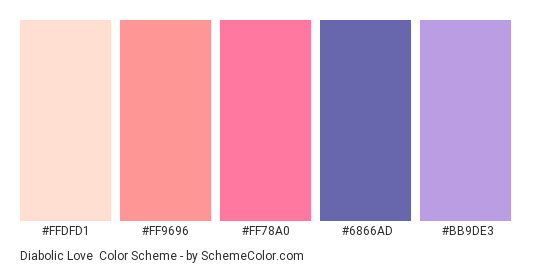 Diabolic Love - Color scheme palette thumbnail - #FFDFD1 #FF9696 #FF78A0 #6866AD #BB9DE3 