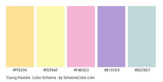 Young Pastels - Color scheme palette thumbnail - #FFE096 #FDF8AF #F4B5D2 #B19CD8 #BED8D7 