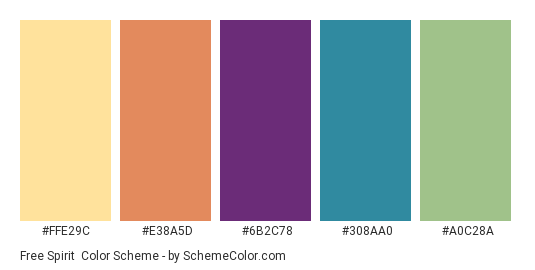 Free Spirit - Color scheme palette thumbnail - #FFE29C #E38A5D #6B2C78 #308AA0 #A0C28A 